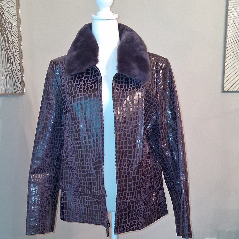 Leather Croc-Embossed Jacket with Fur Collar - Purple